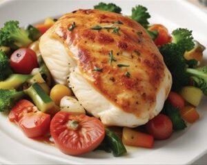 Filet migñon de res (250 grs) y pechuga rellena de vegetales en salsa cinco especias.